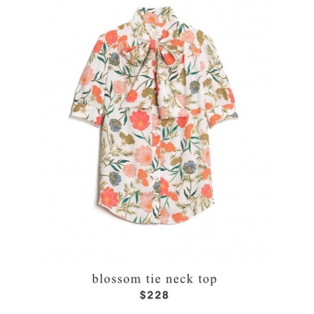 kate spade Cream Floral Tie-Neck Blouse with Pink & Green Accents - Picture 9 of 9